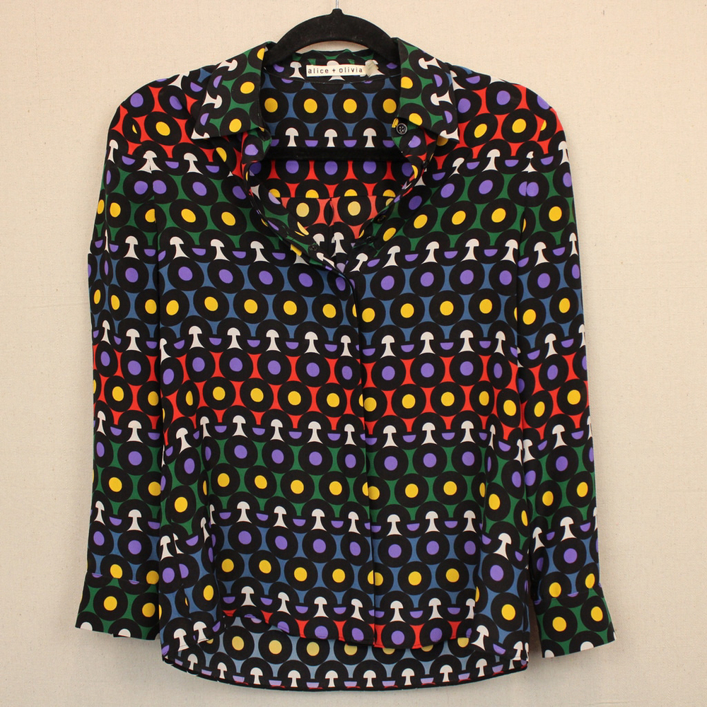 Alice + Olivia Willa large rainbow dot silk button down shirt-XS